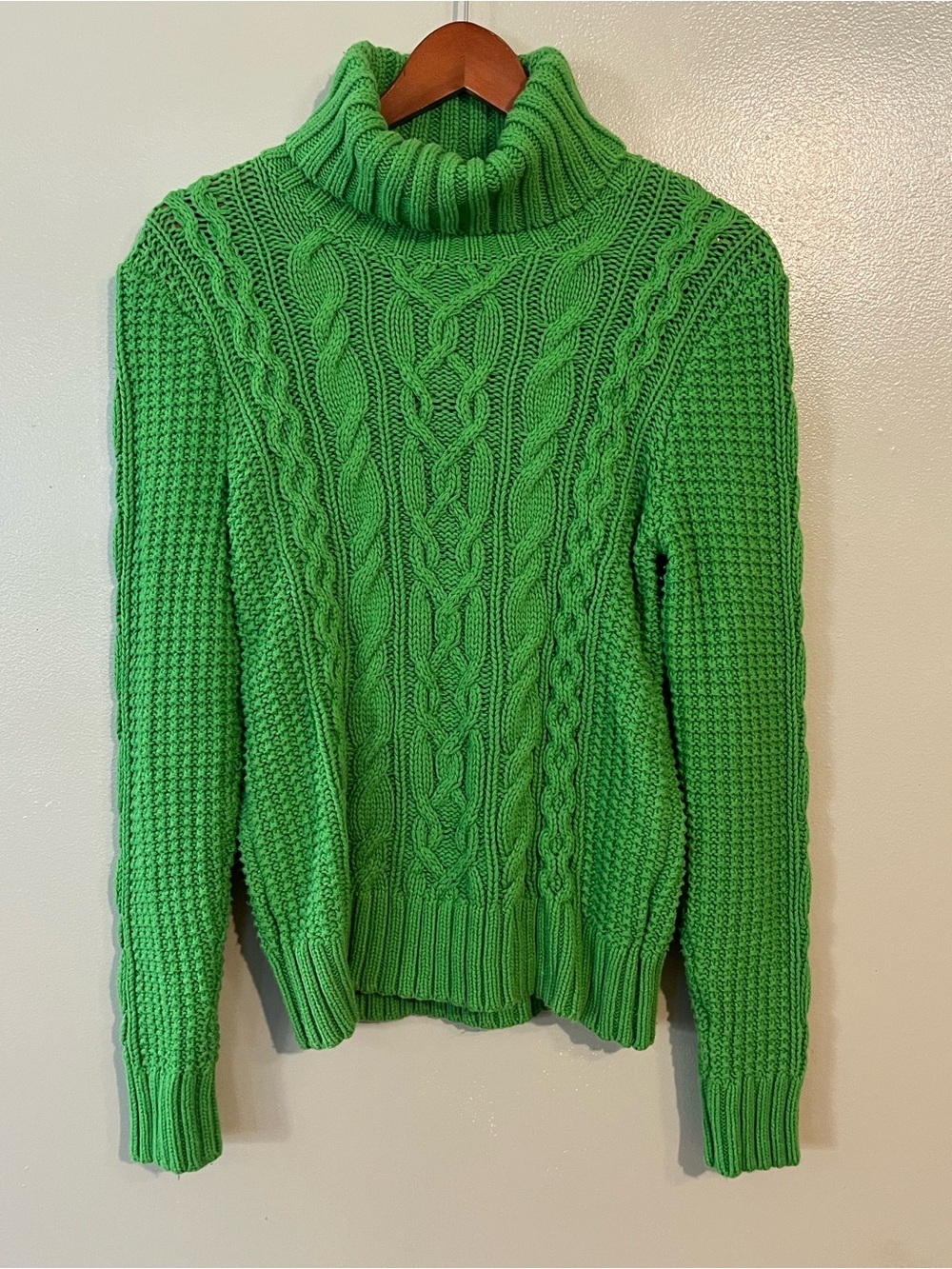 Ralph Lauren Bright Green Cable Knit Turtleneck Sweater Chunky Knit L